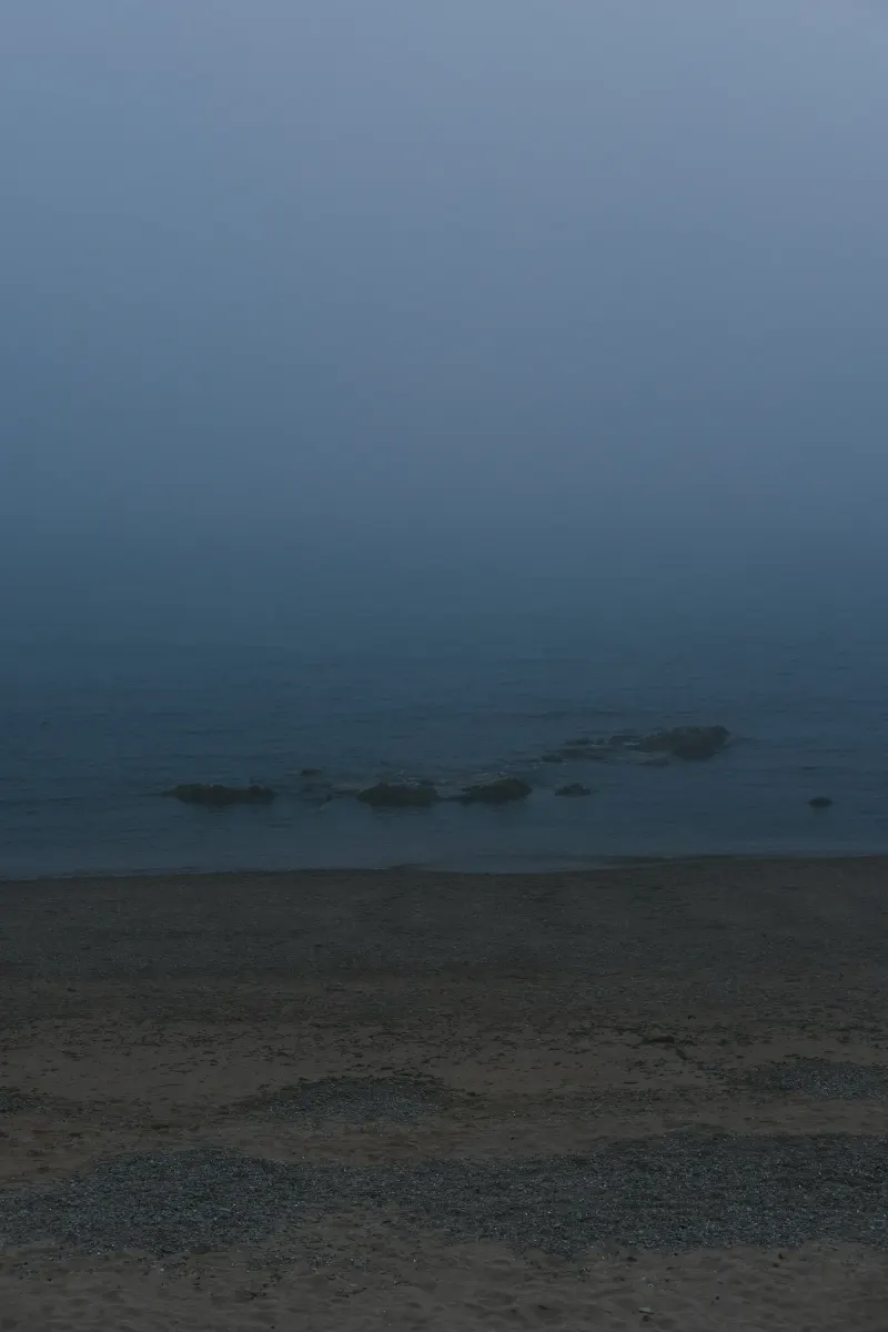 雾天海岸边的沙滩与礁石