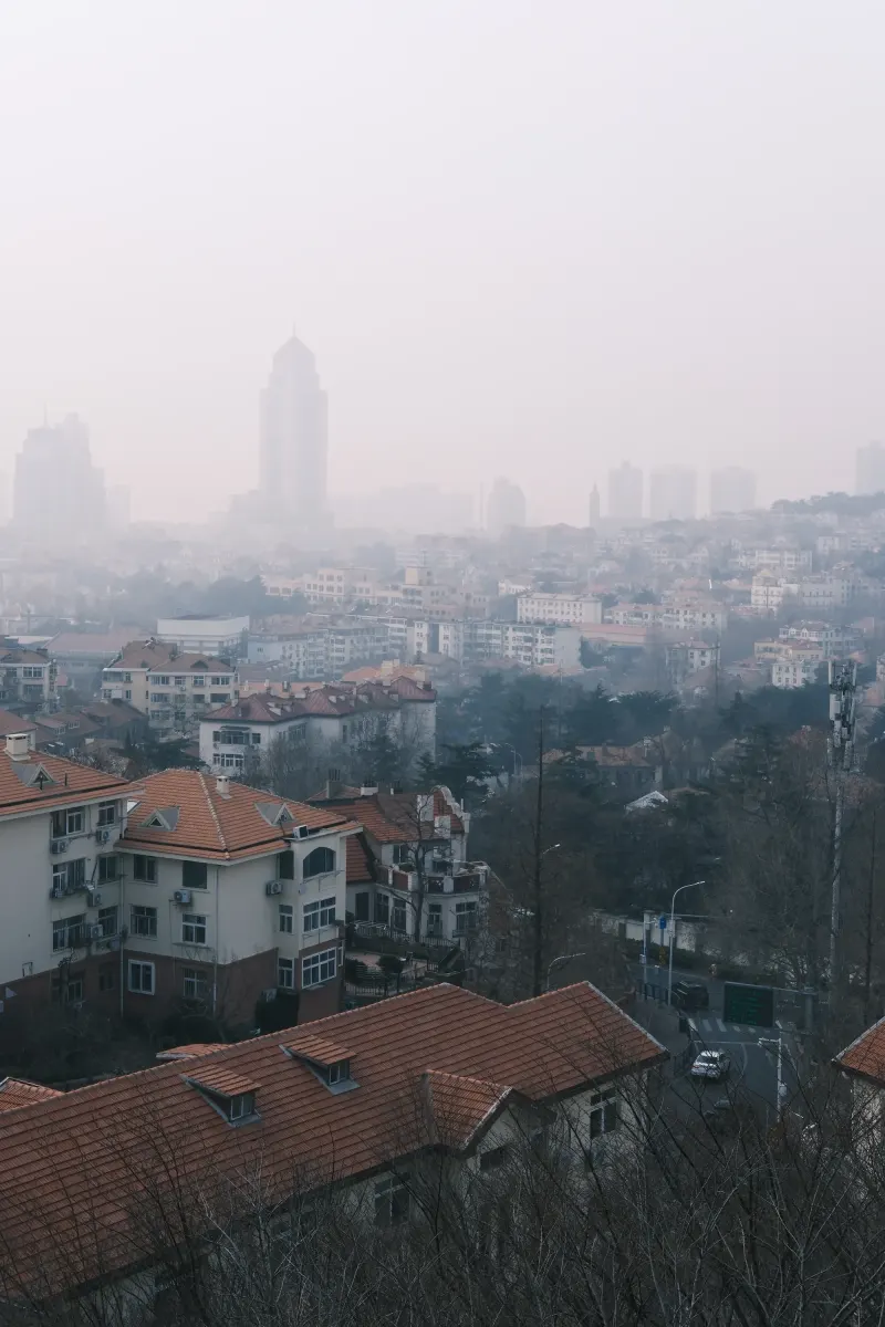 云雾中的青岛红瓦屋顶与远处高楼