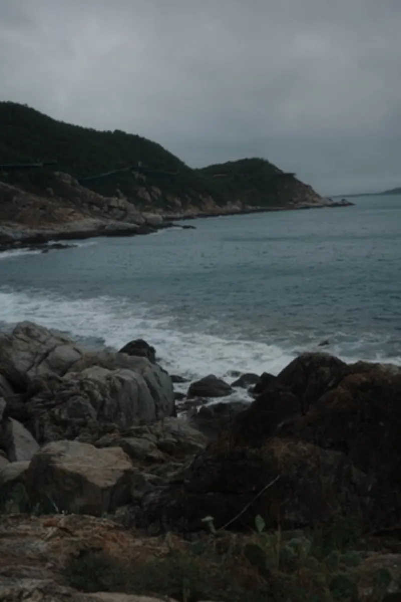 阴天下浪花拍打深色礁石海岸